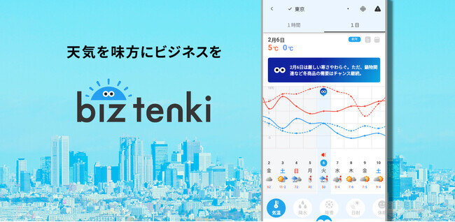 画像：日本気象協会、「天気を味方にビジネスを」をコンセプトにビジネスパーソンや法人を対象としたビジネス向け天気予報アプリ「biz tenki」を開発