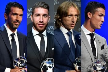 画像：CL各ポジション最優秀選手賞に輝いたブッフォン、S・ラモス、モドリッチ、C・ロナウド（左から）　[写真]＝Anadolu Agency/Getty Images、UEFA via Getty Images