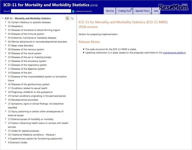 画像：ICD-11 for Mortality and Morbidity Statistics (ICD-11 MMS) 2018 version　※詳細はWHOのWebサイトに公開されている
