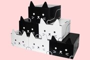 黒猫と白猫のダンボール箱「ネコ耳BOX」がオンラインショップに登場　2匹並べるとしっぽがハート型に